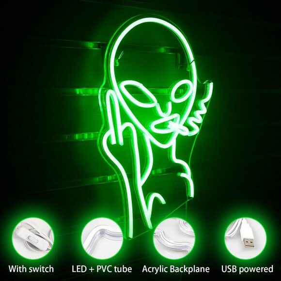 JIARODEY Alien Neon Sign,Dimmable Green Alien Led Neon  Green Alien Neon Sign Led Wall Decor Game Room Decoration Party Light